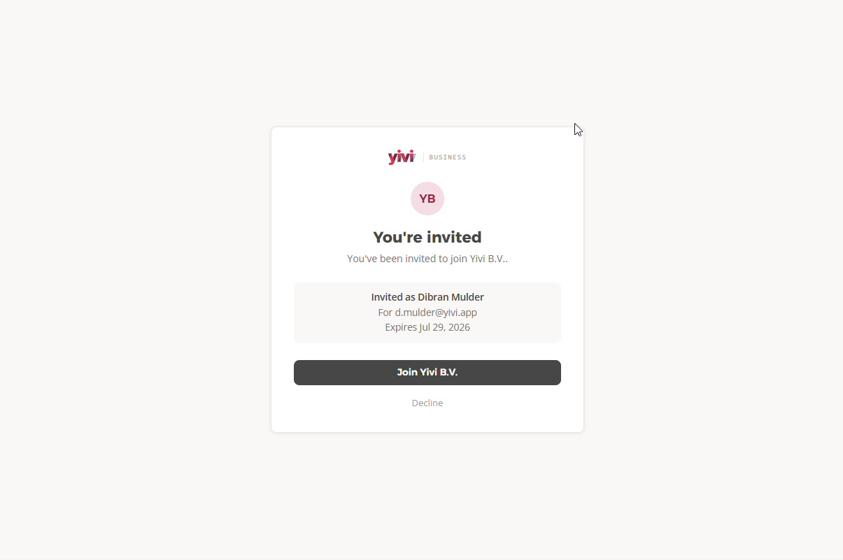 Uitnodigingsscherm waarin een collega wordt uitgenodigd om lid te worden van de organisatie in de Yivi Business Wallet