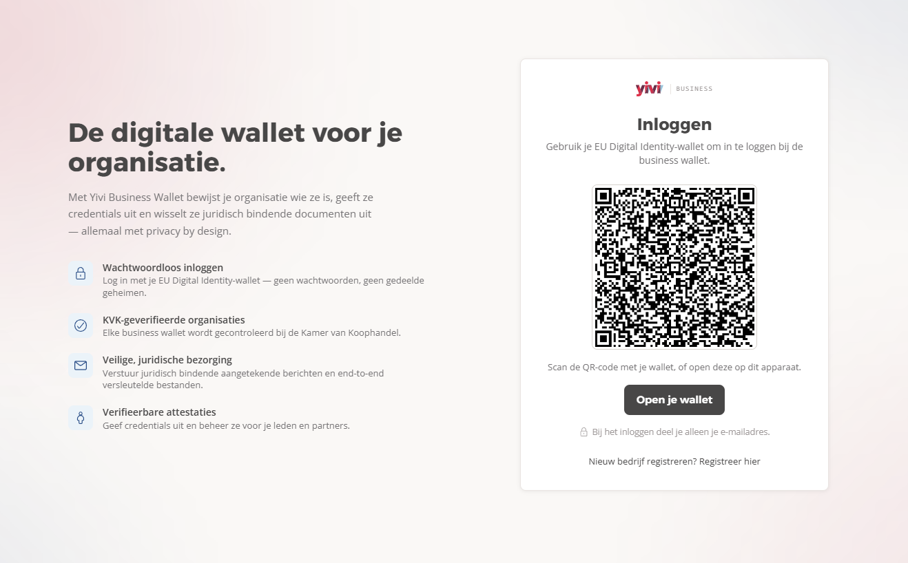 Wachtwoordloos inloggen bij de Yivi Business Wallet met een QR-code