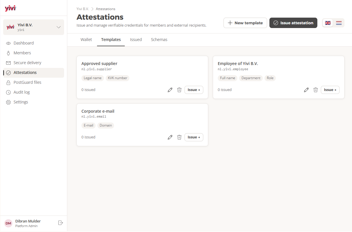 Attestatiesjablonen in de Yivi Business Wallet: approved supplier, employee en corporate e-mail