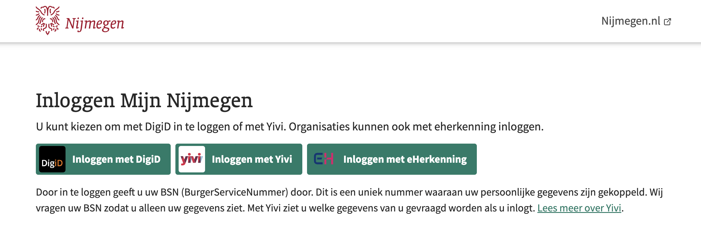 Inlogopties op mijn.nijmegen.nl met DigiD, Yivi en eHerkenning