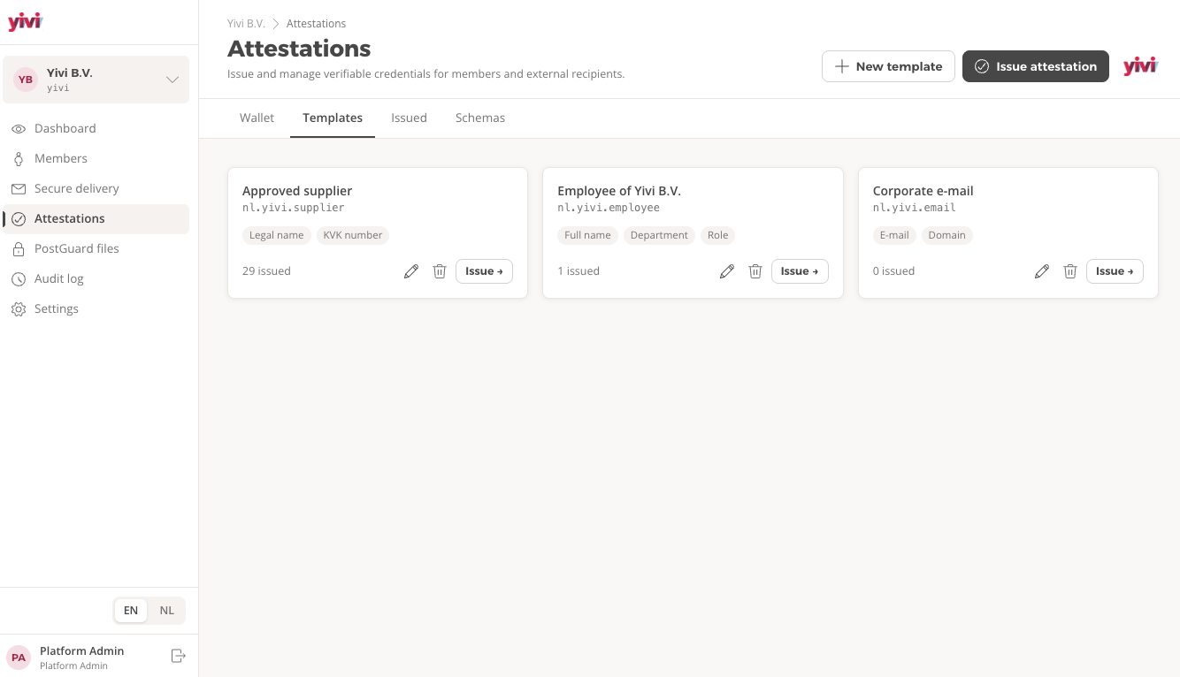 Het Yivi Business Wallet prototype met de attestaties-werkomgeving en credential-templates