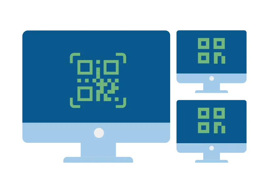 Three monitors with QR-code